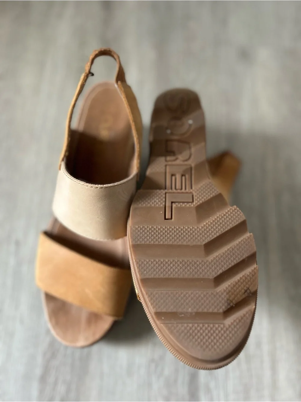 Sorel Two-Tone Tan and Blush Leather Wedge Sandals
